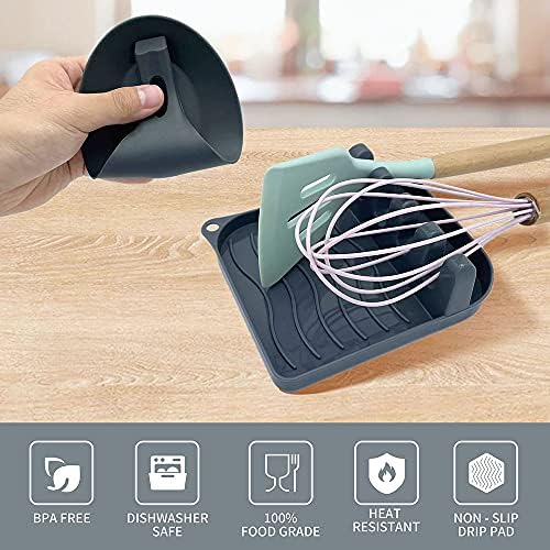 2 Pack Multiple Utensil Spoon Rest with Drip Pad Non-Slip Heat Resistant Kitchen and Grill Spoon Holder for Spatula, Ladle, Tongs, Kitchen Gadgets, and Cooking Accessories (Silver Gray) - Image 3