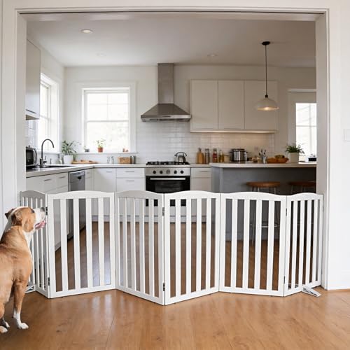 Freestanding Dog Gate Indoor,Doggie Gate Foldable Dog Gates for Doorways,Stairs or Hallways, Wooden White Pet Gate for The House, Pet Fence with Support Feet Included,32 "Height-6 Panels - Image 2