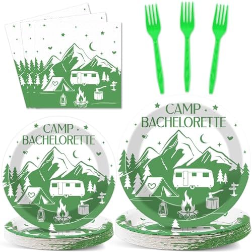 100 PCS Camp Bachelorette Party Supplies Tableware Set Mountain Camp Bachelorette Party Decorations Favors Paper Plates Napkins Forks for Girls Bridal Shower Wedding Engagement Serves 25 Guests by OBUSATT