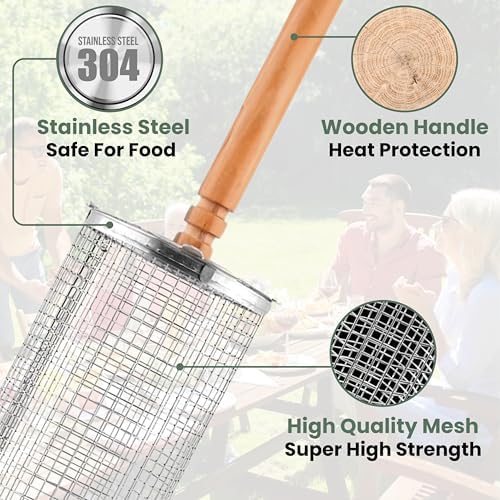 2 XL Rolling Grill Basket For Veggies Removable Wooden Handle 304 Stainless Steel Nesting Smoker Net BBQ Grilling Accessories Tools Kebab Fish Vegetable Steamer Basket Camping Cooking Outdoor Kitchen Food Rotisserie Barbeque Cooking Grilling Gifts For ... - Image 7