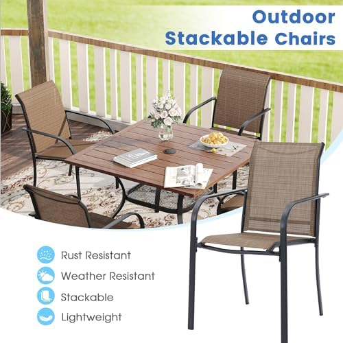VICLLAX 5 Pieces Patio Dining Set, Outdoor Furniture Set Includes 1 Square Outdoor Table and 4 Stackable Patio Sling Chairs, Black Tabletop and Brown Fabric - Image 4