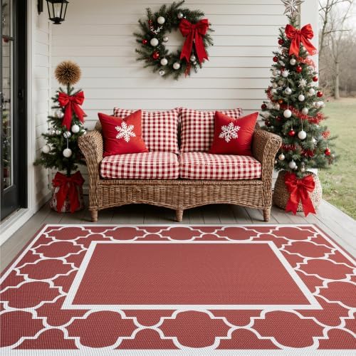 GENIMO Outdoor Rug, Waterproof Plastic Rugs for Patio, 6'x9' Red White - Image 3