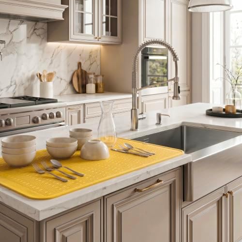MicoYang Silicone Dish Drying Mat for Multiple Usage,Easy clean,Eco-friendly,Heat-resistant Silicone Mat for Kitchen Counter or Sink,Refrigerator or Drawer Liner Yellow 4XL 32 inches x 18 inches - Image 5