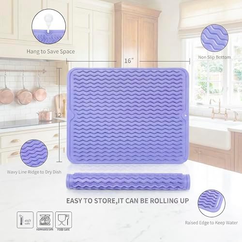 MicoYang Silicone Dish Drying Mat — Quick-Dry Ridges Counter & Sink Pad, Heat-Resistant Trivet to 450°F, Non-Slip & Dishwasher Safe, Roll-Up Storage, 18 Colors & 9 Sizes (Light Purple, 16"×12") - Image 2