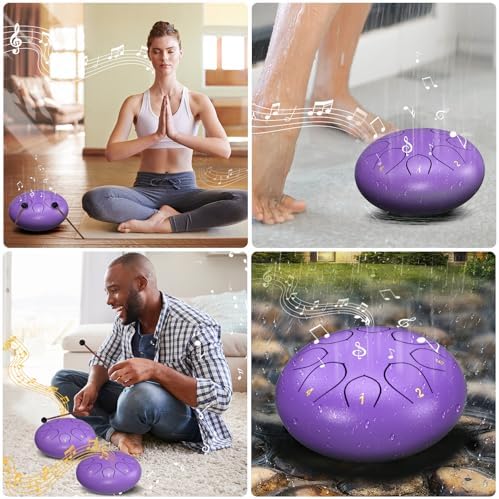 Rain Drum for Outside Garden, 6 Inches 8 Notes Steel Tongue Drums, Waterproof Meditation Echo Rain Chime, Musical Instruments for Adult Gift with Bag, Music Book, Mallets (Purple) - Image 6