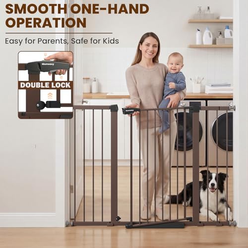 Mumeasy 36" Extra Tall Baby Gate for Stairs, 29.7-51" Wide Dog Gates Indoor for Doorways with Easy Walk Thru, Auto Close Pet Safety Gate for House, Pressure Mounted Metal Child Gate with Door, Brown - Image 5