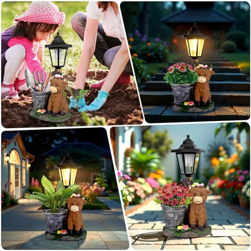 Solar Highland Cow Outdoor Garden Statues with Flowerpot & Lantern Decor - Image 4
