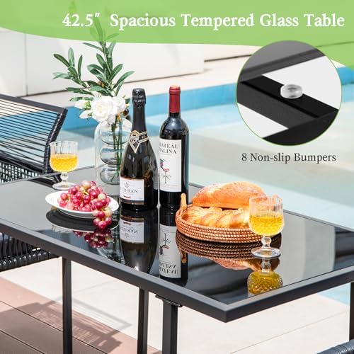 Tangkula 3 Pieces Outdoor Dining Set, PE Rattan Patio Furniture Set with Folding Backrest, Cozy Seat Cushions, Tempered Glass Tabletop, Space-Saving Bistro Table and Chairs Set of 2 for Backyard Pool - Image 4
