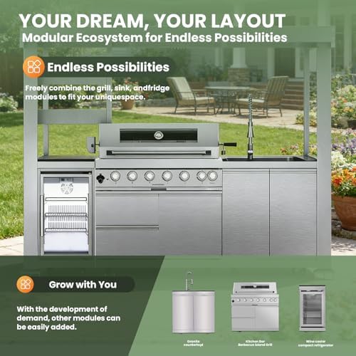 108" Outdoor Kitchen Island Crafted from Stainless Steel,6-Burner 85,000 BTU Natural Gas Grill,Rotisserie Oven,Refrigerator,Galvanized Steel Roof,Granite Countertops,Storage,Sink.(Natural Gas) - Image 6