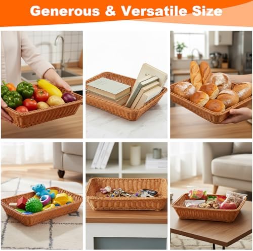 5 Pack 15.8 Inch Large Wicker Bread Baskets, Brown Woven Serving Basket Trays for Food, Bread, Fruits, Vegetables, Snacks - PVC Rattan Display for Restaurant & Home - Image 6