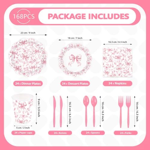 168 Pcs Pink Bow Floral Scalloped Party Decorations,Serves 24 - Image 5