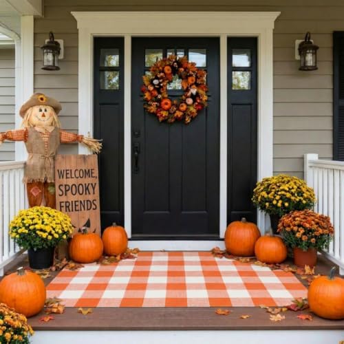 MUBIN Fall Decor Cotton Buffalo Plaid Rug, 3' x 5' Orange White Outdoor Rug Front Door Decorative Mat, Washable Halloween Doormat Foldable Area Rug Layered Door Mats Rug for Front Porch, Entryway by MUBIN