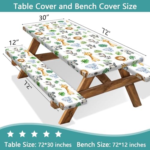 Jungle Safari Picnic Table Cover with Bench Covers, Camping Essentials, Animal Print Waterproof Windproof Table Cover, Fitted Tablecloth Cover with Elastic Edge, for Indoor & Outdoor 3 PCS 30x72 Inch - Image 3
