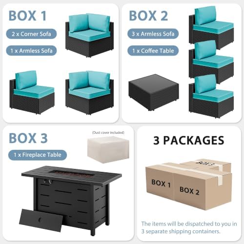 Shintenchi 8 Piece Outdoor Patio Furniture Set with 43 Inch Propane Fire Pit, Washable Cushions, Glass Coffee Table, Waterproof Cover & CSA Certified for Backyard Poolside, Black PE Rattan/Blue - Image 7
