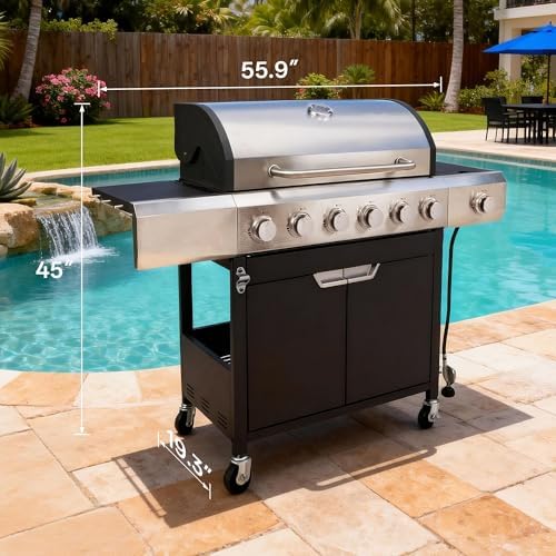 Endark 6-Burner Propane Gas Grill with Side Burner – 68,500 BTU Stainless Steel Outdoor BBQ, Cast Iron Coated Grates, Rolling Wheels & Cover for Patio, Backyard, Garden - Image 2