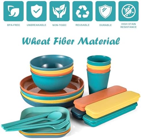 36PCS Wheat Straw Dinnerware Sets - Reusable Plates and Bowls Sets, Unbreakable Cups, Knives, Forks, Spoons & Chopstick, Microwave, Dishwasher Safe Tableware Kitchen Outdoor Camping Presents - Image 2