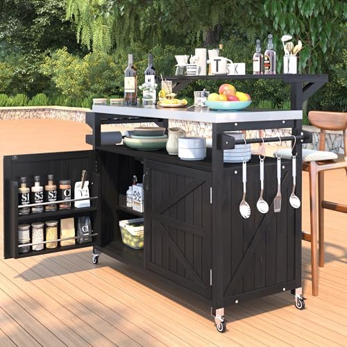 53.3" Outdoor Kitchen Island with Raised Shelf and Stainless Top, Black - Image 3