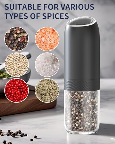 CIRCLE JOY Gravity Electric Salt and Pepper Grinder Set, Battery Powered Automatic Pepper Mills with Adjustable Coarseness, One Hand Operation, 176ml Large Container, Black - Includes 8 Batteries - Image 6