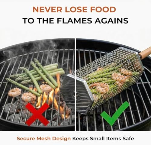 2 Pack Rolling Grill Basket – Stainless Steel Grilling Basket with Lid and Removable Wooden Handle – BBQ Accessories for Vegetables, Shrimp, Meat – Outdoor Cooking Gift for Dad or Husband – Otawe - Image 4
