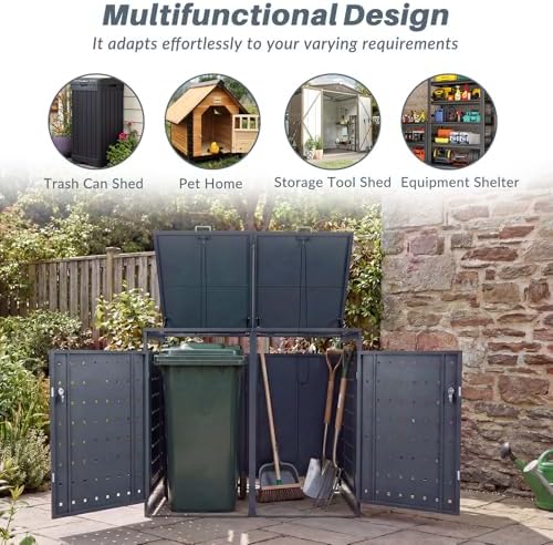 Goplus 44 Cu.Ft Outdoor Trash Can Storage, Garbage Can Hider Outdoor with 2 Lockable Doors Gas Struts & Shock Absorbers, Outdoor Storage for Patio, Backyards, Yard & Garden (52"x31.5"x46") - Image 4