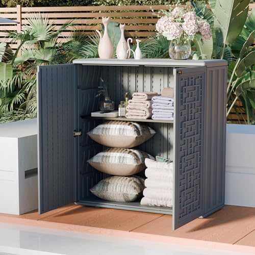 Mrosaa Indoor Outdoor Storage Cabinet Waterproof with Shelf,Plastic Storage Sheds Outdoor Cabinets for Patio/Garden/Backyard, Size 34.3''L*15''W*36.2''H（Gray） - Image 2