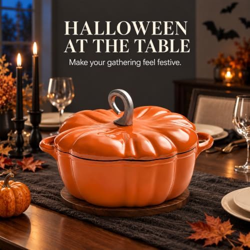 Pumpkin Cocotte, Dutch Oven Pot With Lid,Cast Iron Cooking Pot,Non Stick Pumpkin Pot,Stew Soup,Serves 3-5,Halloween Thanksgiving Decor Gift (Orange) - Image 2