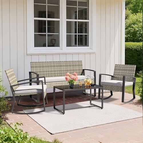 Ahomly 4 Piece Outdoor Furniture Set with Rocking Chairs, Light Grey - Image 5