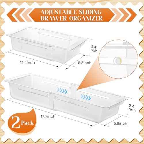 2 Pack Deep Drawer Organizer Bins, Adjustable Sliding Drawer Organizer Bin Expandable Tray for Kitchen Utensils, BBQ Tools, Towels, Durable Plastic Sliding for Easy Storage (12.4" to 18") - Image 4