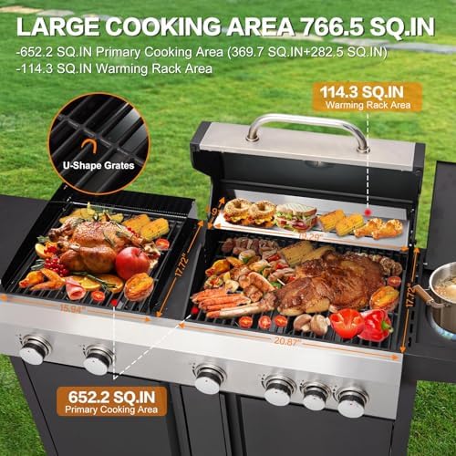 3 IN 1 Pizza Griddle Grill Combo, 74,000 BTU 5-Burner Stainless Steel Propane Gas Grill with Side Burner, Porcelain Enameled Cast Iron Grates, Griddle & Pizza Oven for Outdoor Patio Backyard - Image 5