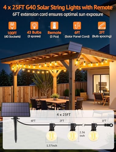 Larkvue 100FT(4x25FT) Solar String Lights with Remote, 43 G40 Bulbs, Black - Image 2