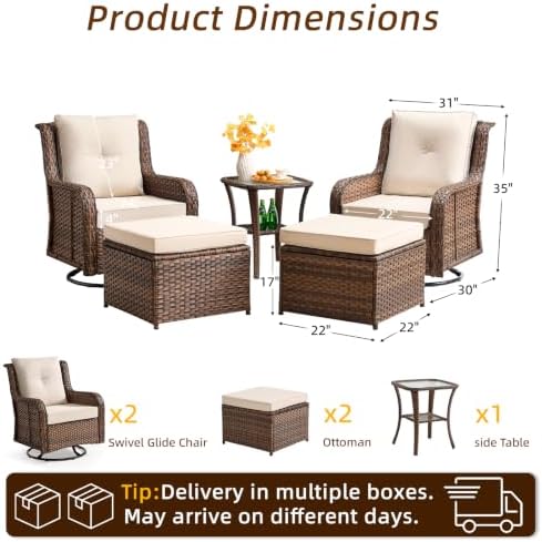 Wumiokio Patio Furniture Sets, Wicker Outdoor Furniture - 360 Degree Swivel Rocking Chairs and Rattan Side Table for Garden,Porch,Backyard (Brown Wicker/Beige Cushion, 5PCS - Swivel Chairs & Ottoman) - Image 3