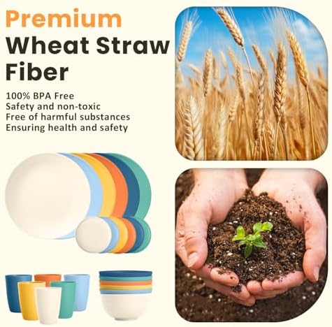 Homienly Unbreakable Wheat Straw Dinnerware Set - Plastic Plates and Bowls Sets Alternative, 24-Piece Dishes Set for Apartment, RV, Party, Microwave and Dishwasher Safe Plates, Bowls, Cups(Multi) - Image 3