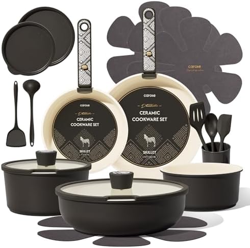 CAROTE 21pcs Ceramic Cookware Set, Pots and Pans Set with Detachable Handle by CAROTE