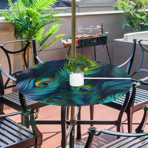 Fitted Round Tablecloth with Umbrella Hole and Zipper Peacock Outdoor Elastic Table Cloth 45"-56" Oil-Proof Waterproof Peacock Feather Patio Table Cover for Picnic Party - Image 2