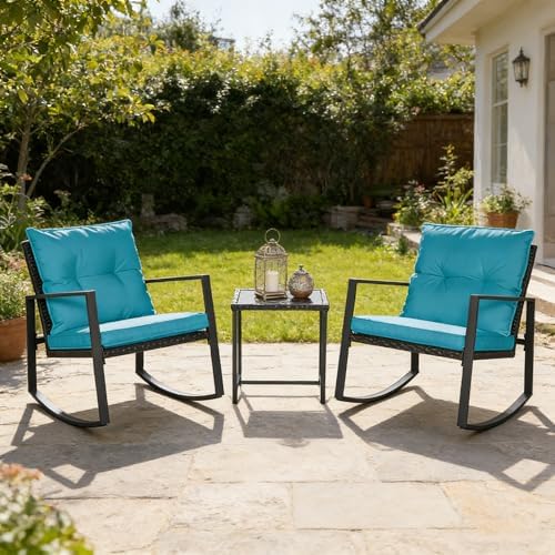 SUNCROWN 3 Piece Outdoor Rocking Bistro Set Black Wicker Furniture Porch Chairs Conversation Sets with Glass Coffee Table, Light Blue - Image 3