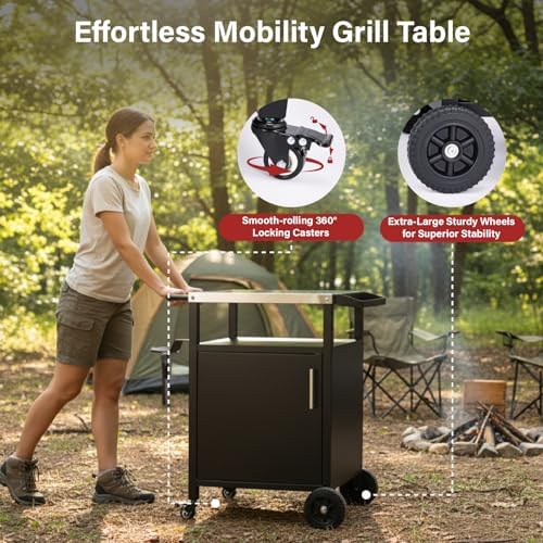 Outdoor Grill Cart with Storage, Outdoor Grill Table with Spice Rack, Lockable Wheels & Stainless Steel Top, Rolling Bar Cart Outdoor BBQ for Patio Family Home Party Bar (Single Door, Black) - Image 4