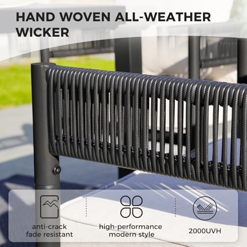 Grand patio 5-Piece Outdoor Dining Set for 4, Metal Woven Wicker Fixed Patio Chairs with Thickened Cushions & 1 Square Woodgrain Dining Table with Umbrella Hole for Backyard Deck (Black) - Image 3
