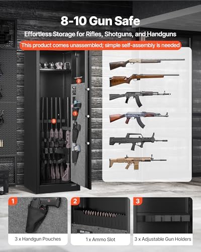 VEVOR 8-10 Gun Safe, Long Gun Cabinet for Rifles and Pistols, Quick Access Rifle Safe with 3 Pistol Pockets and Adjustable Racks, Digital Cabinet with Fingerprint and Password Lock(Assembly Required) - Image 2
