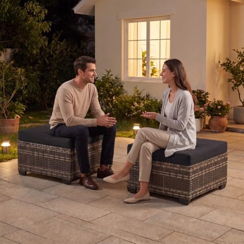Aoxun 2 Piece Patio Sofa Ottomans with 4" Thick Cushions, Wicker Outdoor Couch Extension Set, All-Weather Rattan Seating Accessory for Backyard Furniture, Black - Image 6