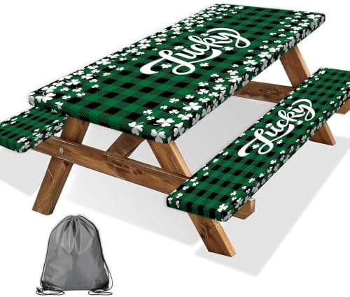St. Patrick's Day Picnic Table Cover with Bench Covers, Camping Essentials, Buffalo Plaid Shamrock Lucky Outdoor Table Covers, Waterproof, Fitted Tablecloth Cover with Elastic Edge, 3 PCS, 30x60 Inch by Xguatan