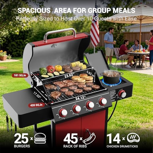 HUGROVE 4 Burner Propane Gas Grill Outdoor 56,000 BTU with Side Burner Red - Image 4