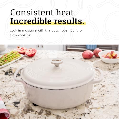 Lodge Enameled Cast Iron Oval Dutch Oven with Lid, 7 Quart, Oyster White - Image 3