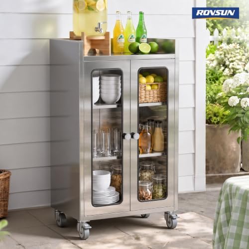 ROVSUN Stainless Steel Table with Cabinet & Wheels, 23.6" x 15.7" Commercial Kitchen Workbench for Pre Work with Glass Door, Large Space Storage for Kitchen Restaurant Hotel Garage Warehouse - Image 7