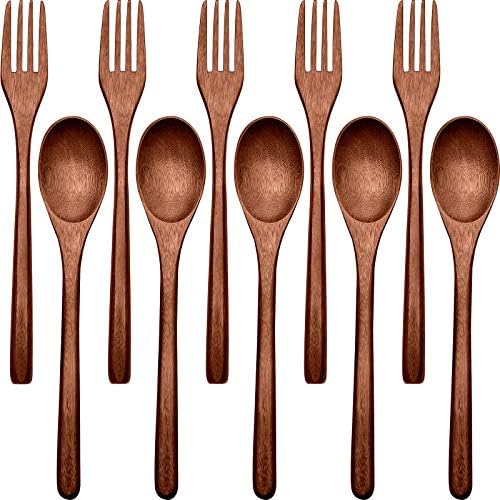 Patelai 10 Pieces Wooden Spoons Forks Set Wooden Utensils for Eating by Patelai