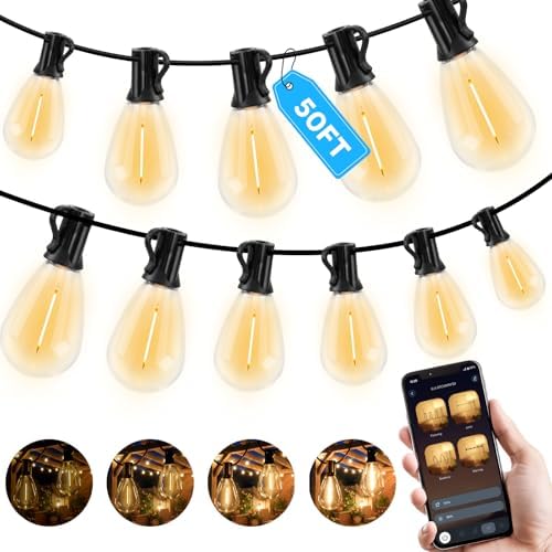 GvvooHome 50FT Outdoor String Light with S11 Plastic Bulbs, Low-Voltage LED Patio Lights with App & Remote, Music Sync, 4 Lighting Modes, Dimmable & Waterproof for Backyard, Porch, Garden, Deck, Party by GvvooHome
