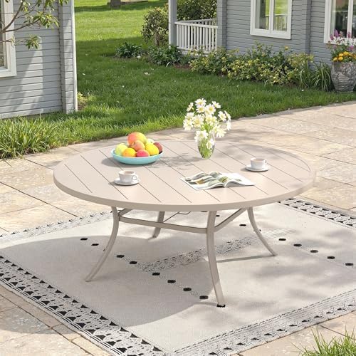 Outdoor Dining Table for 8, 60" Round Outdoor Table with Adjustable Umbrella Hole, All-Weather Metal Patio Dining Table for Lawn Garden Backyard Deck, Sandshell by ProvideOutdoorSolutions