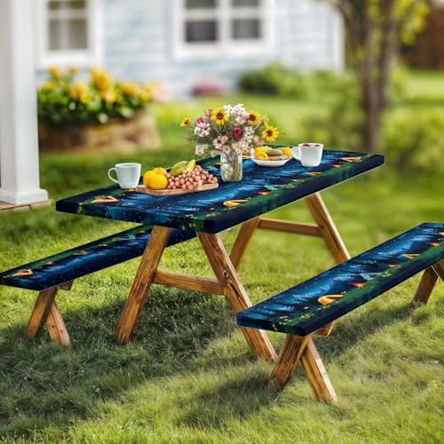 Camping Picnic Table Cover with Bench Covers, Camping Essentials, Forest Campfire Tent Flowers Outdoor Table Covers, Waterproof Windproof, Fitted Tablecloth Cover with Elastic Edge, 3 PCS, 30x72 Inch - Image 3
