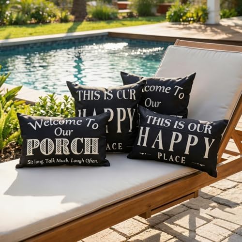 Black and White Welcome to Our Porch Outdoor Pillow Covers Waterproof 18x18 Set of 2, Decorative Farmhouse Outdoor Throw Pillows 18 x 18, Back Porch Decor Patio Furniture Pillows (Without Inserts) - Image 6