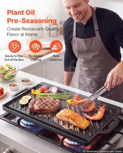 VEVOR Reversible Grill/Griddle 18x9 in Pre-Seasoned Cast Iron Pan Handle - Image 3