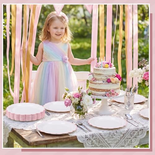 NatNarr 30 Pk Pink Paper Plates 7" Scalloped Pink White Dessert Cake Plates - Image 5